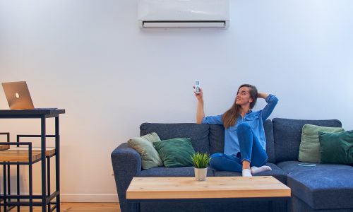 young-happy-woman-sitting-couch-air-conditioner-adjusting-comfort-temperature-with-remote-control-modern-home